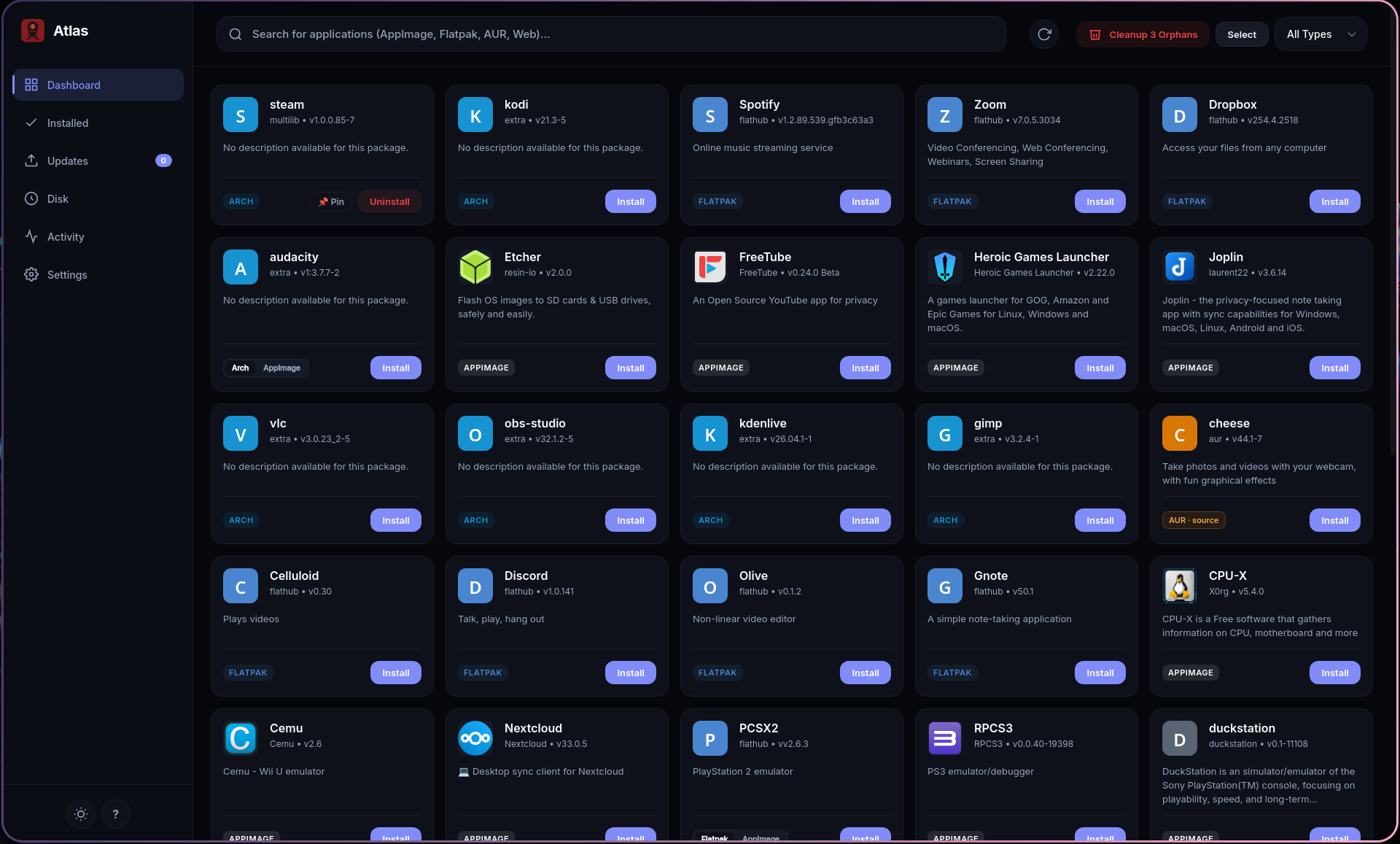 Atlas package manager dashboard showing installed packages and system health